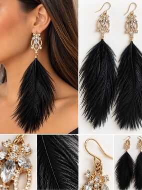 Gold Crystal Filigree Black Feather Drop Earrings